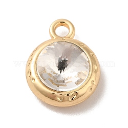Glass Pendants, Rack Plating Golden Alloy Findings, Nickel Free, Flat Round Charms, Clear, 15x11.5x6mm, Hole: 2mm