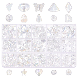Nbeads 310pcs 15 estilo transparente electrochapa perlas de vidrio hebras, color de ab chapado, claro ab, plano redondo y flor y corazón y mariposa y hoja y pepitas, claro ab, 8~16.5x5~16x3.5~8mm, agujero: 0.8~13x0.8~6 mm