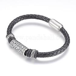 Bracelets de cordon en cuir, avec accessoires en 304 acier inoxydable et les fermoirs magnétiques, colonne, argent antique, 8-3/8 pouce (212 mm)