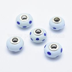 Handmade Polymer Clay European Beads, with Silver Color Plated Brass Cores, Large Hole Beads, Rondelle with Dot Pattern, Light Cyan, 13~16x8~11mm, Hole: 4.5~5mm
