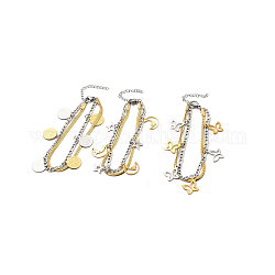 Dos tonos 304 acero inoxidable bordillo y cadenas planas de serpiente pulsera de múltiples hilos de doble capa con amuletos para mujer, acero color oro y acero, Patrones mixtos, colgante: 12.5~15x11~13x0.7 mm, 7 pulgada (17.8 cm)