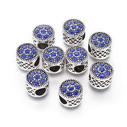 Alloy European Beads, Large Hole Beads, with Rhinestone, Column with Heart, Antique Silver, Sapphire, 10x8.5~9mm, Hole: 5mm