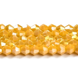 不透明なソリッドカラーの電気めっきガラスビーズ連売り  ABカラーメッキ  多面カット  双円錐形  ゴールド  4x4mm  穴：0.8mm  約87~98個/連  12.76~14.61インチ（32.4~37.1cm）