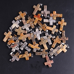 Pendentifs en agate naturelle, avec les accessoires en laiton de tonalité de platine, croix, 25x18mm