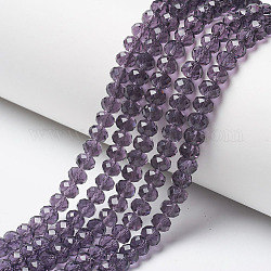 Abalorios de vidrio, facetados, rerondana plana, púrpura medio, 3x2mm, agujero: 0.8 mm, aproximamente 150~155 pcs / cadena, 15~16 pulgada (38~40 cm)