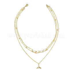 3 collares en capas, con perla natural, cadenas y colgantes de latón, forma de cola de ballena, blanco, real 18k chapado en oro, 14.17 pulgada (36 cm)