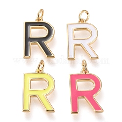 Brass Enamel Pendants, with Jump Ring, Long-Lasting Plated, Real 18K Gold Plated, Letter.R, Mixed Color, Letter.R, R: 18x11.5x1.8mm, Jump Rings: Inner Diameter: 3mm