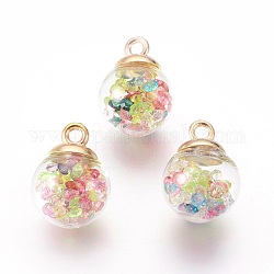 Transparent Glass Bottle Pendants, with Glass Rhinestone Inside and  Eco-Friendly Plastic Bottle Caps, Round, Colorful, 21x16mm, Hole: 2.5mm