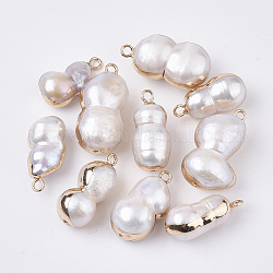 Colgantes naturales de perlas cultivadas de agua dulce, con medio agujero y lazo de latón, borde plateado, calabaza, dorado, color de concha, 19.5~26x9~14.5x8~12mm, agujero: 1.8 mm, medio agujero: 0.9 mm