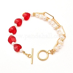 Bracciali con perline di perle di conchiglia per le donne della ragazza, braccialetti di vetro a cuore con catena a graffetta, rosso, 7-1/4 pollice (18.5 cm)