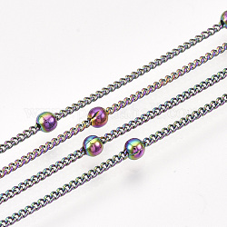 Messing-Bordsteinketten, mit runden Perlen, mit Spule, gelötet, Regenbogen-Farb, 2.5x2x0.3 mm, ca. 20 Yards / Rolle
