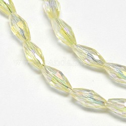 Chapelets de perles de riz en verre cristal, facette, couleur arc-en-plaqué, jaune clair, 4x9mm, Trou: 1mm, Environ 58 pcs/chapelet, 20.4 pouce