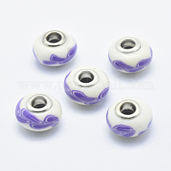Handgemachte  europäischen Fimo-Perlen, mit versilberten Messingkernen, Großloch perlen, Unterlegscheibe mit Blattmuster, mauve, 13~16x8~11 mm, Bohrung: 4.5~5 mm