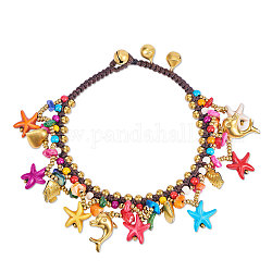 Bracelets de cheville à cordon ciré Shegrace, avec turquoise synthétique, copeaux de pierres précieuses, perles et breloques en laiton, thème de l'océan, colorées, 9 pouce (23 cm)