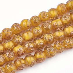 Perles vernissées de sable d'or manuelles , ronde, orange foncé, 8~9x7~7.5mm, Trou: 1.5~2mm