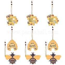 Superfindings 9pcs 3 décorations de pendentif en bois de style, avec corde de chanvre, thème de l'abeille, or, 180~204mm, 3 pièces / style
