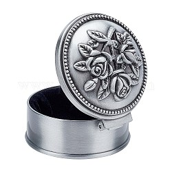 Schmuckschatulle aus Aluminiumlegierung, Runde mit Blume, Antik Silber Farbe, 5.9x5.7x3.7 cm