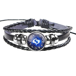 12 bracelet en cuir de constellation, avec perles d'alliage et cordon de cire, plat rond, Poissons, 2-3/8 pouce (6 cm)