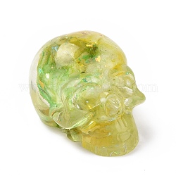 Бусины черепа из натурального флюорита, Хэллоуин прозрачный череп из смолы с золотой фольгой, без отверстия , желто-зеленый, 23x22x25 мм