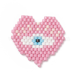 Patrón de telar hecho a mano miyuki cuentas de semillas, corazón con mal de ojo colgantes, rosa perla, 22x23x1.8mm, agujero: 0.7 mm