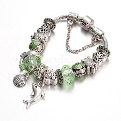 Océano aleación tema de rhinestone de perlas pulseras europeas, de abalorios de vidrio y cadena de latón, verde pálido, 180mm