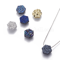 Colliers avec pendentif en laiton, avec résine druzy et chaînes, hexagone, platine, couleur mixte, 17.71 pouce (45 cm), pendentif: 10x10x3.5 mm