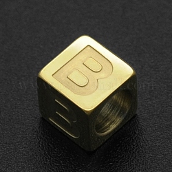 201 Stainless Steel European Beads, Large Hole Beads, Horizontal Hole, Cube, Golden, Letter.B, 7x7x7mm, Hole: 5mm
