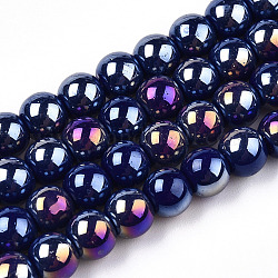 Chapelets de perles en verre opaque électrolytique, de couleur plaquée ab , ronde, bleu foncé, 6~6.5mm, Trou: 1.4mm, Environ 67~70 pcs/chapelet, 14.76 pouce ~ 15.16 pouces (37.5~38.5 cm)