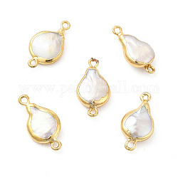 Breloques de connecteur de perles de keshi naturelles baroques, liens en forme de larme, avec doubles boucles en laiton, or clair, 21~22x10~12x3~6mm, Trou: 1.6mm