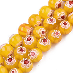 Handgemachte Glasperlen Millefiori-Stränge, Runde mit Blumenmuster, golden, 10 mm, Bohrung: 1.2 mm, ca. 36~38 Stk. / Strang, 13.78 Zoll ~ 14.88 Zoll (35 cm ~ 37.8 cm)