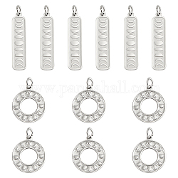 DICOSMETIC 12Pcs 2 Style 304 Stainless Steel Pendants, Manual Polishing, with Jump Ring, Textured, Moon Phase, Stainless Steel Color, 27x6.5x1mm and 17x15x1mm, 6pcs/style