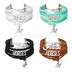 FIBLOOM 4Pcs 4 Colors Imitation Leather Multi-strand Bracelets Set, Alloy Infinity Love & Horse Charms Stackable Bracelets, Mixed Color, 6-7/8 inch(17.5cm), 1Pc/color