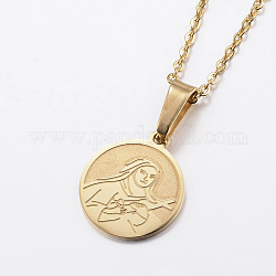 304 Stainless Steel Pendant Necklaces, Flat Round with Virgin Mary and Cross, Golden, 17.7 inch(45cm), 1.5mm