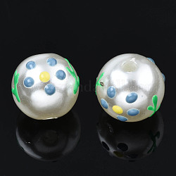 ABS-Kunststoff-Nachahmung Perlen, mit Emaille, Runde mit Blume, Bräune, 12x11 mm, Bohrung: 2 mm