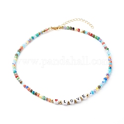 Beaded Necklaces, with Acrylic Beads, Brass Beads, Glass Beads, 304 Stainless Steel Findings & Brass Chain, Word Love, Colorful, 15.35 inch(39cm)