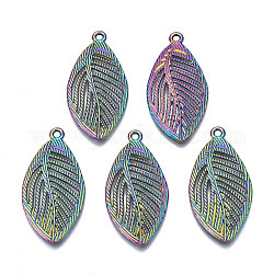 Rainbow Color Alloy Pendants, Cadmium Free & Nickel Free & Lead Free, Leaf, 33.5x16.5x1.5mm, Hole: 1.6mm
