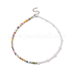 Perles de rocaille de verre et colliers de perles d'imitation de perles en plastique ABS pour femmes, avec fermoirs en 304 acier inoxydable, couleur inoxydable, 15.12 pouce (38.4 cm)