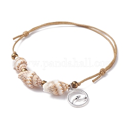 Bracelet perlé coquillage spirale avec breloque vague, bracelet réglable pour femme, argent antique, diamètre intérieur: 2-1/8 pouce (5.5 cm) ~ 3-1/8 pouces (8 cm)