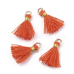 Polycotton(Polyester Cotton) Tassel Pendant Decorations, Mini Tassel, with Iron Findings and Metallic Cord, Light Gold, Coral, 10~15x2~3mm, Hole: 1.5mm