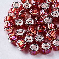 Perline europei di resina trasparente, perline con foro grande, con il colore argentato nuclei doppi in ottone, sfaccettato, ab colore placcato, colonna, rosso, 11.5x8mm, Foro: 5 mm
