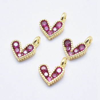 Brass Micro Pave Cubic Zirconia Charms, Long-Lasting Plated, Lead Free & Nickel Free & Cadmium Free, Heart, Hot Pink, Real 18K Gold Plated, 9.5x6.5x2mm, Hole: 1mm