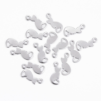 304 breloques chaton en acier inoxydable, forme de silhouette de chat, couleur inoxydable, 13x5.5x0.5mm, Trou: 1.2mm