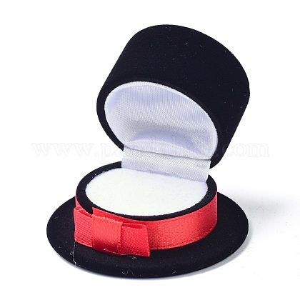 ベルベットのリングボックス  プラスチックとリボン付き  帽子  ブラック  6.1x3.7cm VBOX-F004-08B-1