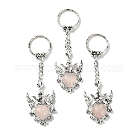 Natural Rose Quartz Heart with Wing Pendant Keychain G-Z033-04P-02-1