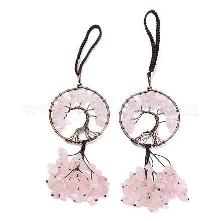 Wire Wrapped Chips Natural Rose Quartz Big Pendant Decorations HJEW-H057-02A-1