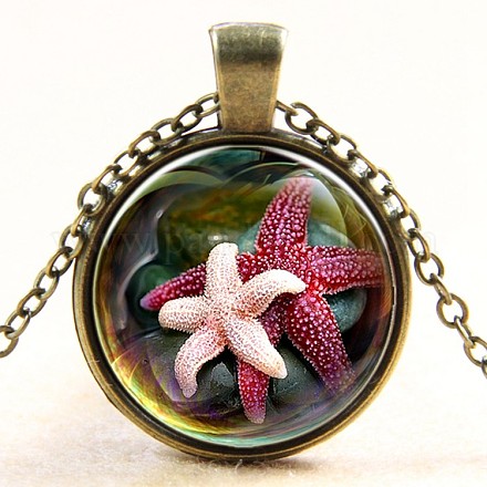 Glass Fantasy Underwater World Pink Starfish Time Gem Pendant Necklaces X-NJEW-N0051-001H-01-1