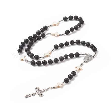 Collana di perline rosario con croce di pietre laviche naturali e turchesi sintetiche NJEW-JN04202-1