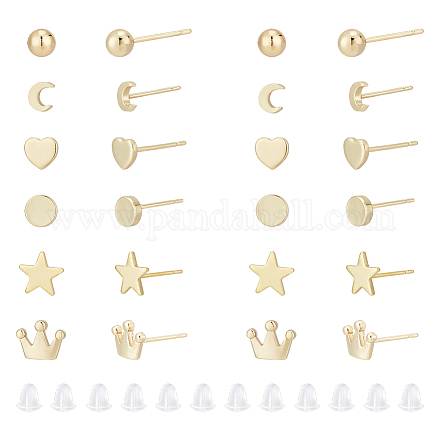 Ahadermaker 12 par 6 estilo pequeña bola y corona y corazón y luna y estrella aretes de latón para mujer KK-GA0001-50-1