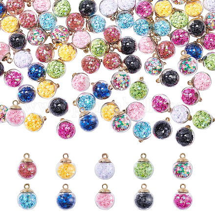 PandaHall 100 pcs 10 Colors 15 mm Colorful Glass Ball Charms Crystal Glass Ball Pendants with Star Glitter Sequins and Golden Plated CCB Plastic Cup Peg Bails for Jewelry DIY Craft Making GLAA-PH0007-95-1