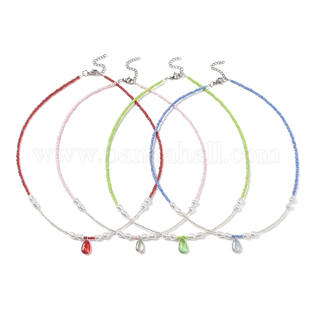 Glastropfen-Anhänger-Halskette mit Saatperlenketten NJEW-JN04333-1